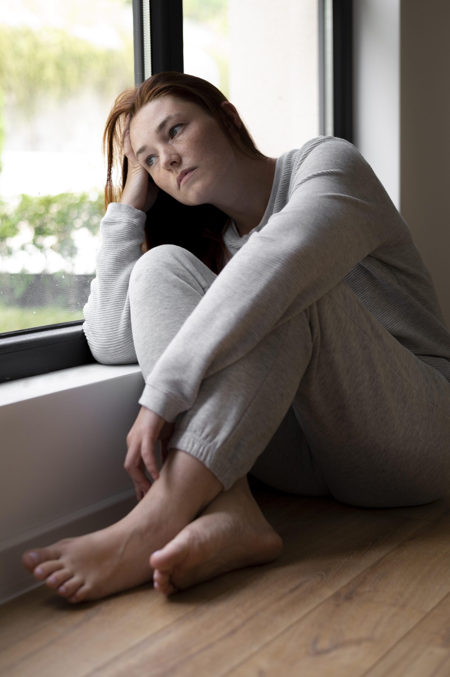 A person sitting by a window, looking distant and emotionally flat